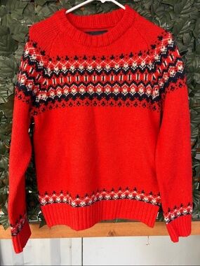 H&M L.O.G.G. Orange Navy Crew Neck Wool Blend Ski Sweater Women's Men's Med  H7